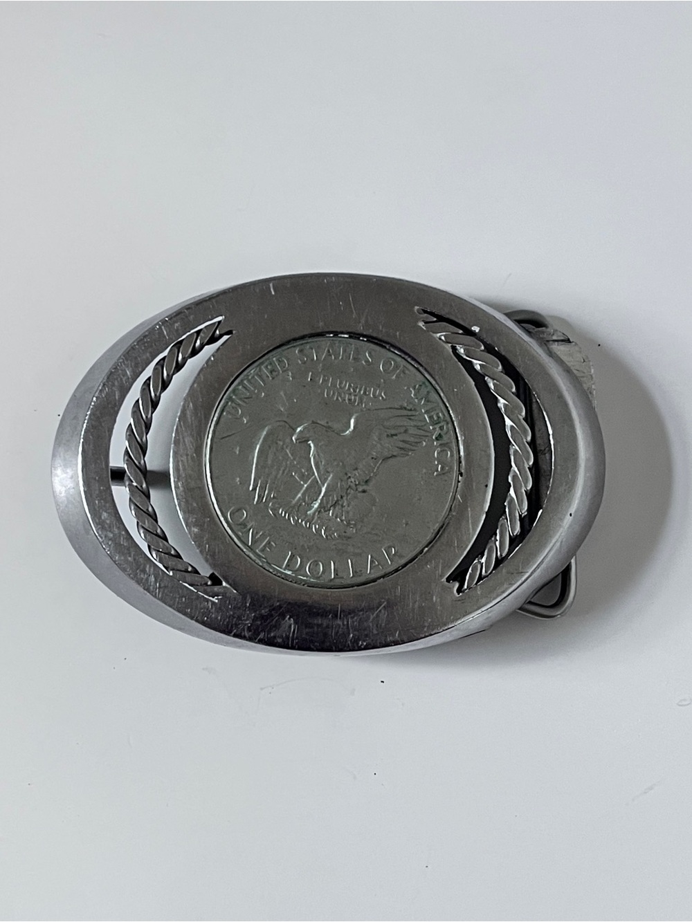 Vintage Silver Tone 1977 United States Of America One Dollar Coin Belt Buckle